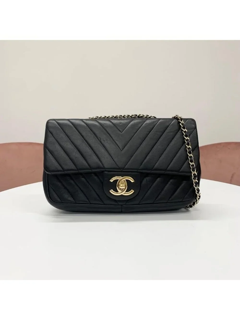 Chanel Chevron CC Logo Stitch Turnlock Shoulder Bag